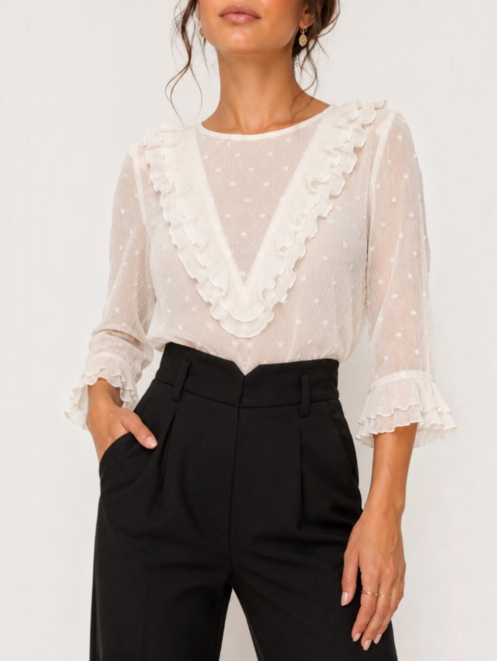 J.O.A. Revolve Swiss Dot Ruffle Blouse Sheer Ivory Dobby Top Romantic XS
